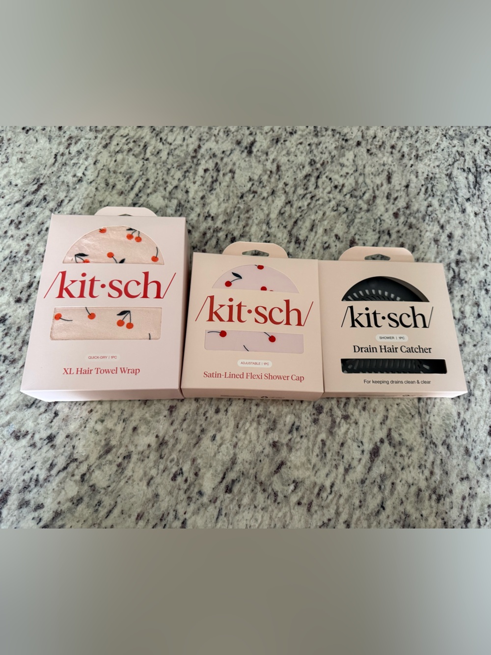 Kitsch Bundle Pink Cherry XL Hair Towel Wrap Satin-Lined Flexi ShowerCap Drain